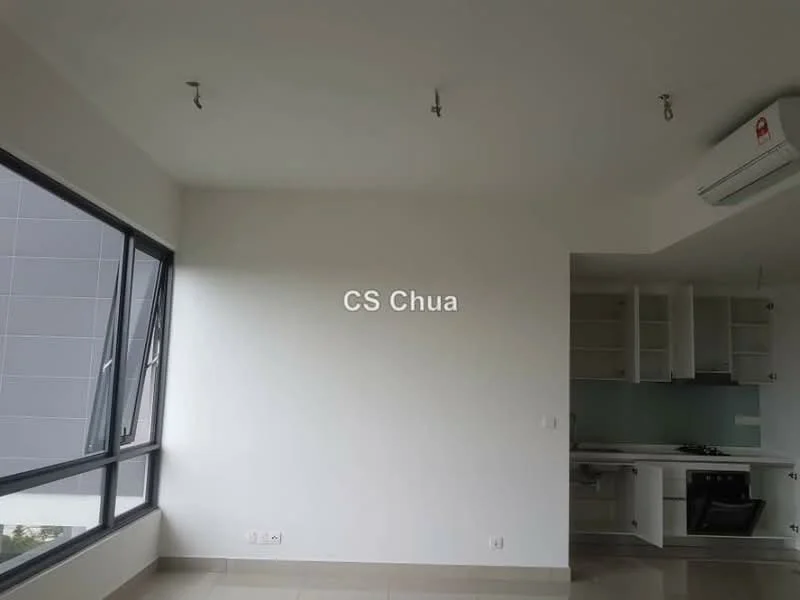 Room features: white painted walls, light-colored tile flooring, large windows, air conditioning unit, track lighting, open layout, kitchen area visible in background; style: modern.