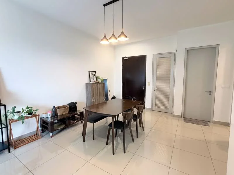 Dining features: rectangular dining table, 4 black dining chairs, pendant light fixture with three bulbs, white painted walls, glossy tile flooring, wooden sideboard, decorative wall art, potted plants, sliding door, door with horizontal slats, grey door frame; style: modern.