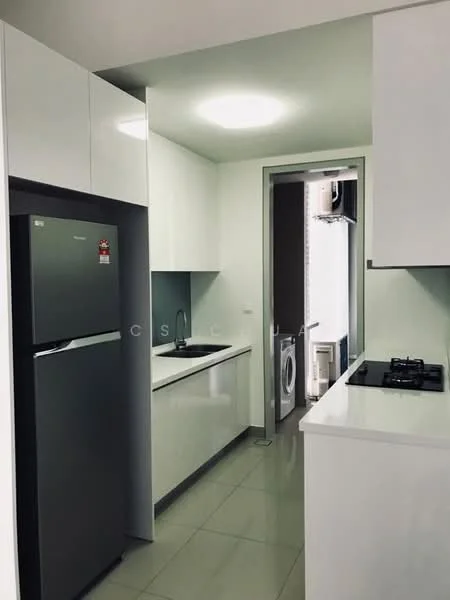 Kitchen features: white cabinetry, stainless-steel fridge, built-in oven, 4-burner gas hob, white quartz countertop, grey backsplash, single-bowl stainless-steel sink, recessed ceiling lights, grey tile flooring, open layout, wall-mounted air conditioning unit, laundry area visible through doorway; style: modern.