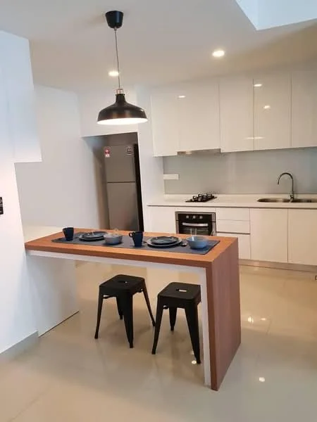 Kitchen features: white cabinetry, stainless-steel fridge, built-in gas stove, stainless-steel sink, chrome pull-down faucet, countertop with breakfast bar, pendant light, ceramic tile flooring, wall-mounted cabinets, open shelving, dining table with two stools, dishwasher; style: modern.