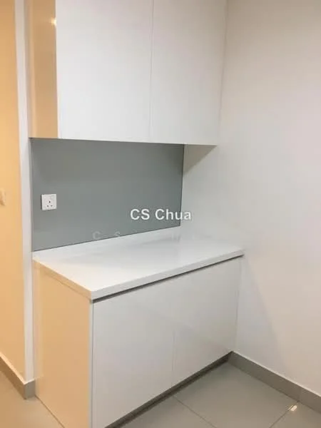 Room features: white cabinetry, white countertop, grey backsplash, wall-mounted electrical outlet, light grey floor tiles, minimalist design; style: modern.