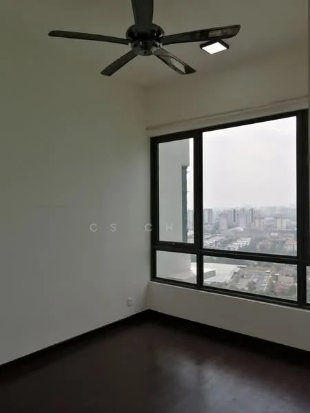 Room features: dark wood flooring, white painted walls, 5-blade ceiling fan with light, floor-to-ceiling windows, city view; style: modern; view: city.