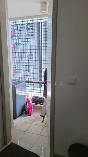 Room features: grey tiled flooring, white walls, large window with grid, washing machine, cleaning supplies, plastic storage containers, clothes drying rack; style: modern; view: city.