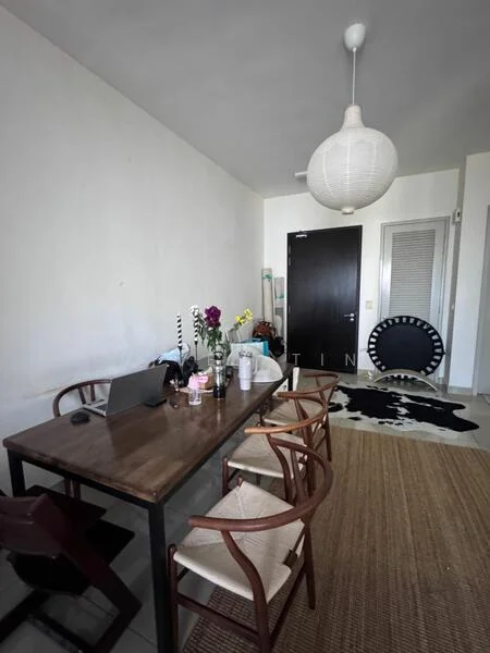 Dining features: wooden dining table, 4 wooden chairs with woven seats, pendant light fixture, decorative flowers in vase, black and white area rug, wall-mounted mirror, white painted walls, light-colored flooring; style: modern.