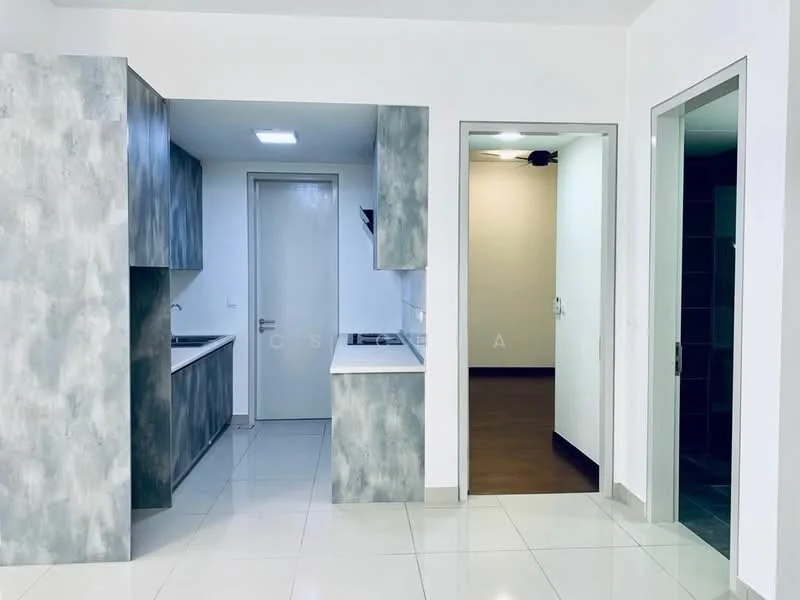 Kitchen features: grey textured cabinetry, white countertop, stainless-steel sink, chrome pull-down faucet, built-in stove, white tiled backsplash, ceramic tile flooring, recessed ceiling lights; style: modern. Room features: white painted walls, wood flooring, doorway leading to another room, light fixture on ceiling.