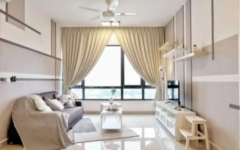 Living features: 3-seater fabric sofa in grey, coffee table, TV console, wall-mounted TV, floor-to-ceiling windows, sheer curtains, recessed downlights, ceiling fan, cream painted walls, white tiled flooring, decorative wall accents; style: modern; view: city.