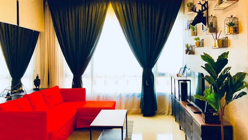 Living features: red fabric sofa, wood coffee table, wall-mounted TV, black TV console, floor-to-ceiling windows, sheer curtains, blackout curtains, decorative wall shelves, indoor plants, air conditioning unit, decorative wall art; style: modern; view: city.