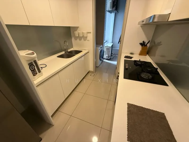 Kitchen features: white cabinetry, double-bowl stainless-steel sink, chrome pull-down faucet, white countertop, built-in gas hob with 2 burners, kitchen appliances including kettle, ceramic tile flooring, backlit backsplash, wall-mounted cabinets, open shelving; style: modern.