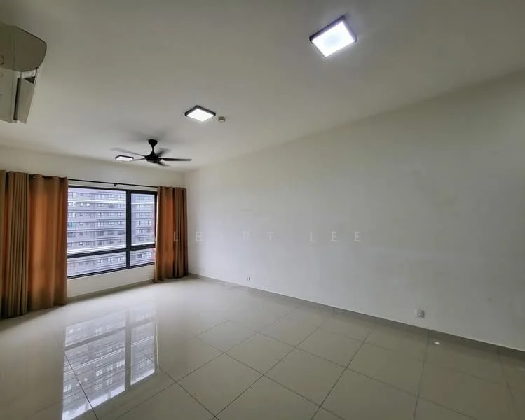 Living features: white painted walls, glossy ceramic tile flooring, 5-blade ceiling fan with light, recessed LED downlights, floor-to-ceiling windows, curtains, air conditioning unit; style: modern; view: city.