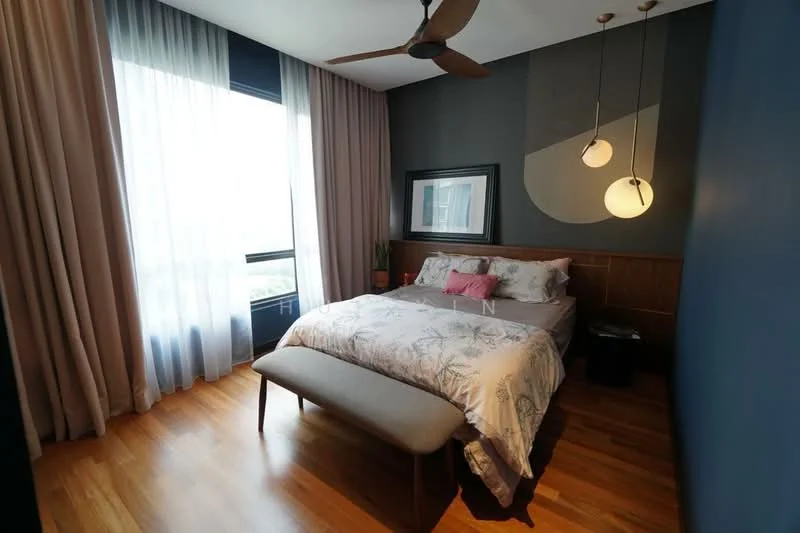 Bedroom features: king-size bed with patterned bedding, upholstered headboard, wooden flooring, floor-to-ceiling windows, sheer curtains, dark accent wall, light blue wall, ceiling fan with light, pendant light fixtures, decorative mirror, bench at foot of bed, potted plant; style: modern; view: city.