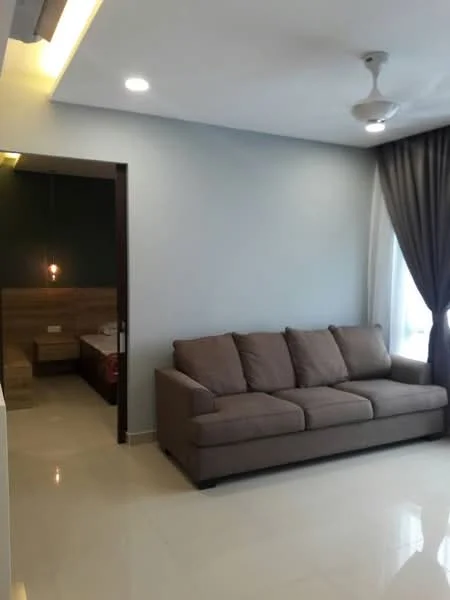 Living features: 3-seater fabric sofa in brown, white painted walls, polished tile flooring, ceiling fan, recessed downlights, floor-to-ceiling windows with sheer curtains; style: modern. Room features: dark accent wall, wood paneling, visible doorway leading to another room.