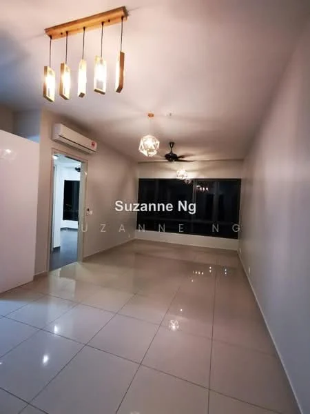Living features: white painted walls, glossy tile flooring, 5-blade ceiling fan with light, pendant lighting with multiple bulbs, chandelier, large glass window, air conditioning unit, neutral color scheme; style: modern.