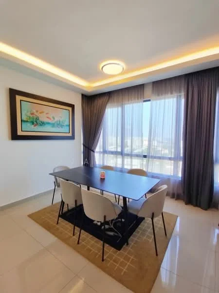 Dining features: rectangular dining table, 4 upholstered dining chairs, area rug with geometric pattern, floor-to-ceiling windows, sheer curtains, dark wood frame, decorative artwork on wall, recessed LED downlights, ceiling light fixture; style: modern; view: city.