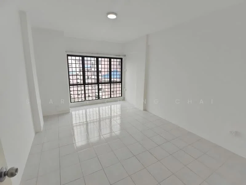 Room features: white painted walls, glossy white floor tiles, large grid-patterned windows, natural light from windows, ceiling light fixture, open layout, no visible furniture, neutral color scheme; style: modern; view: city.