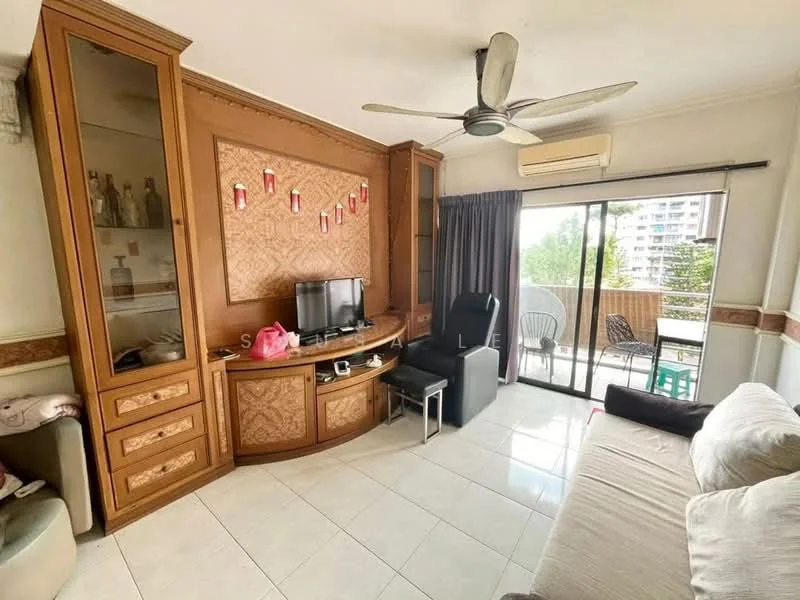 Living features: cream painted walls, white tiled flooring, 5-blade ceiling fan with light, wall-mounted TV, wooden entertainment unit with glass display, black recliner chair, sofa with light upholstery, curtains, sliding glass door, outdoor balcony view; style: modern; view: garden.
