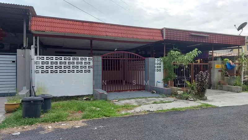 Exterior type: linked terrace house; features: red painted facade, metal roof, single-storey, manicured lawn, paved walkway, front gate with metal bars, decorative wall with lattice design, car porch, garden area with plants, driveway with interlocking pavers; style: modern.