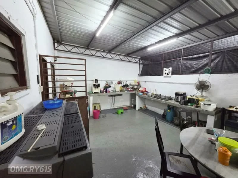 Kitchen features: grey concrete flooring, metal roof, white painted walls, stainless-steel sink, chrome pull-down faucet, kitchen countertop with storage cabinets, gas stove, microwave, refrigerator, ceiling fan, round dining table, plastic chairs, various kitchen appliances, open shelving, wall-mounted ventilation fan; style: functional.