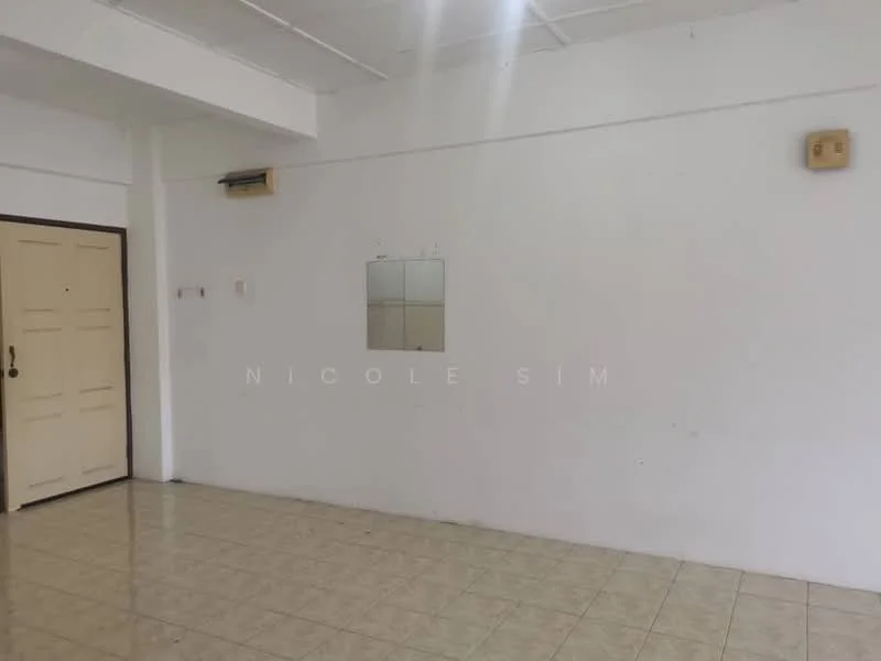 Room features: white painted walls, tile flooring, 1 wall-mounted split AC, 1 wall-mounted mirror, 1 door, ceiling lights.