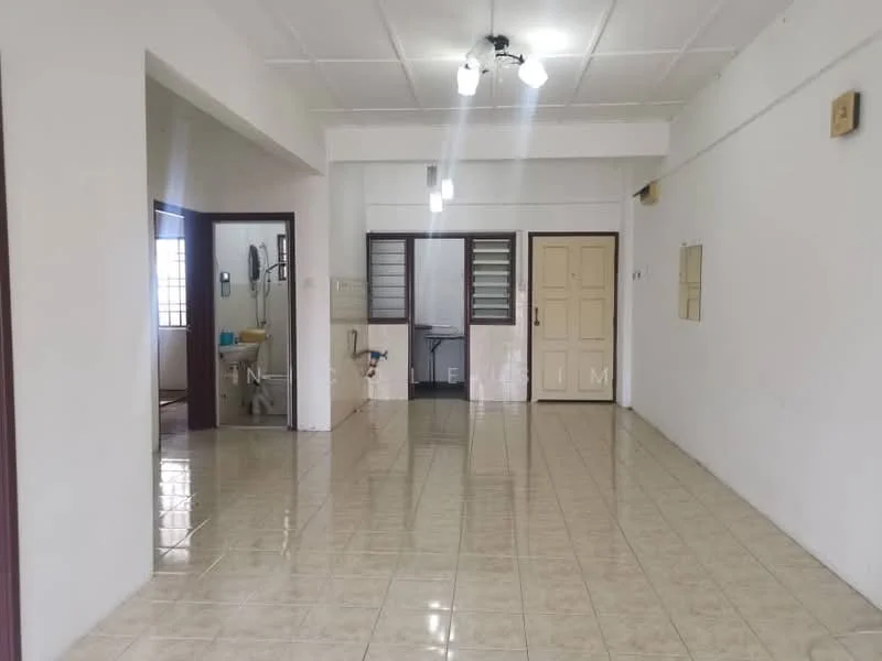 Room features: white painted walls, glossy ceramic tile flooring, ceiling with recessed lighting, multiple light fixtures, door with panel design, windows with grid pattern, open layout, neutral color scheme; style: modern.