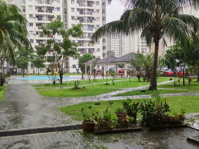 Exterior type: high-rise condominium; features: swimming pool, landscape garden, manicured lawn, palm trees, covered gazebo, children's playground, parking area, surrounded by greenery; style: modern.