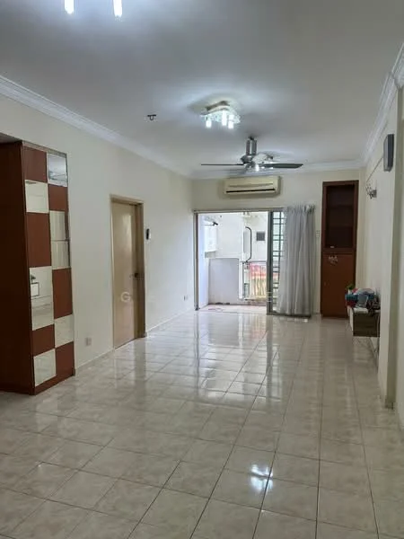 Living features: white painted walls, glossy tile flooring, 5-blade ceiling fan with light, recessed downlights, sliding glass door, curtains, wall-mounted air conditioning unit, door leading to balcony, built-in shelving unit, neutral color scheme; style: modern; view: garden.