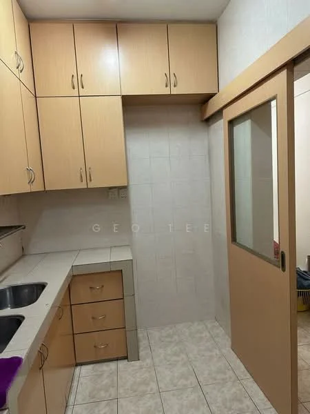 Kitchen features: light wood cabinetry, double-bowl stainless-steel sink, chrome faucet, laminate countertop, tile backsplash, ceramic tile flooring, built-in cabinets, kitchen drawers, glass door to adjacent room, wall-mounted cabinets.