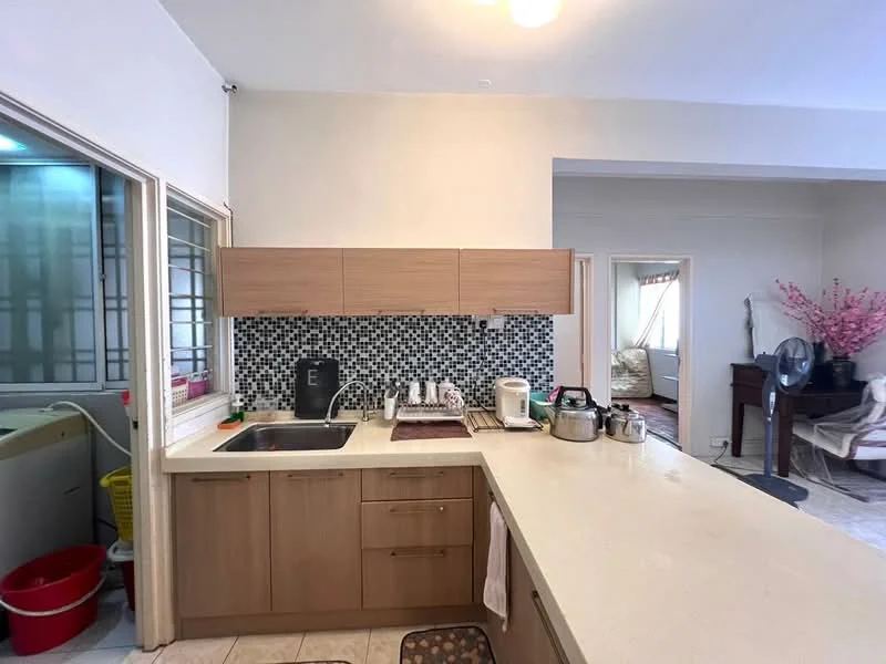 Kitchen features: single-bowl stainless-steel sink, chrome pull-down faucet, laminate countertop, wood cabinetry, black and white mosaic tile backsplash, built-in appliances, kitchen island, ceramic tile flooring, recessed lighting; style: modern. Room features: sofa, decorative plant, wooden furniture, natural light from window.