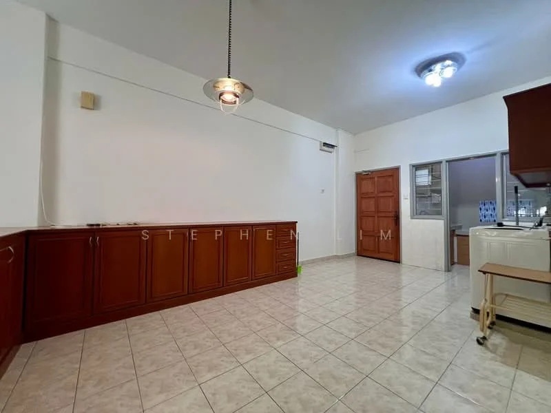 Kitchen features: brown wooden cabinetry, white tiled backsplash, ceramic tile flooring, single-bowl stainless-steel sink, chrome pull-down faucet, built-in gas hob, recessed ceiling lights, pendant light fixture, open layout to living area, window with view to outside, wall-mounted air conditioning unit; style: modern.