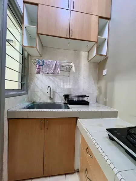 Kitchen features: single-bowl stainless-steel sink, chrome pull-down faucet, laminate countertop, wood cabinetry with light brown finish, open shelving above sink, gas hob, tile backsplash, white tiled flooring, window with metal grille, dish drying rack; style: modern.