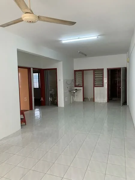 Room features: white painted walls, glossy white tile flooring, ceiling fan, fluorescent ceiling light, multiple doorways, windows with grilles, sink with faucet, open layout; style: modern.