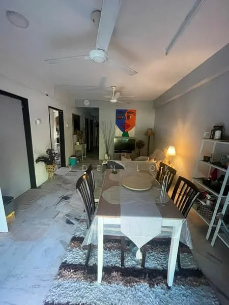 Dining features: 6-seater dining table, wooden dining chairs, tablecloth, decorative centerpiece, pendant light, area rug with geometric pattern, wall-mounted artwork, ceiling fan, light-colored walls, tile flooring; style: modern. Room features: open layout, wall shelves, decorative items, floor-to-ceiling windows, light fixtures.