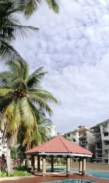 Exterior type: swimming pool deck; features: gazebo with tiled roof, palm trees, manicured landscaping, swimming pool, pool deck, surrounding residential buildings, cloudy sky; style: tropical-modern.