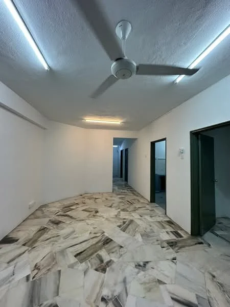 Room features: marble flooring, white painted walls, ceiling fan, recessed lighting, doorway to adjacent rooms.