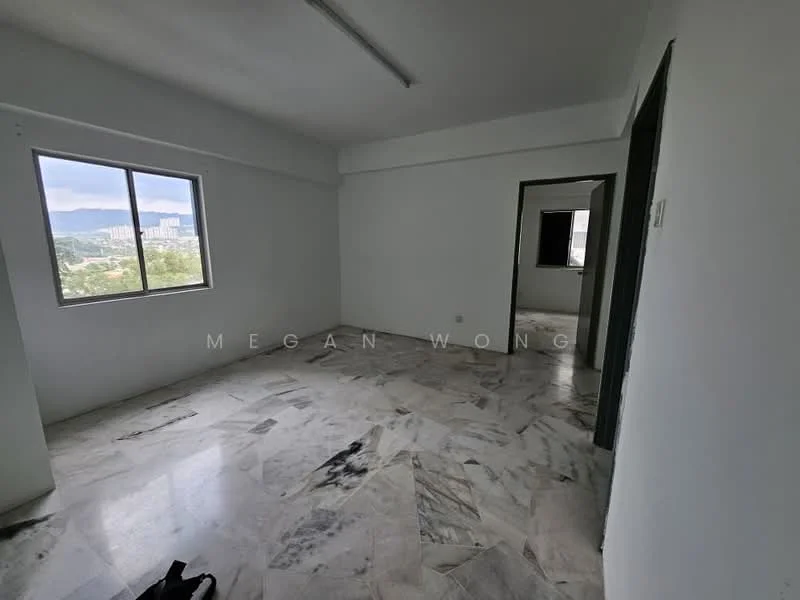 Room features: white painted walls, marble flooring, large window, natural light, plain ceiling, no visible fixtures, neutral color scheme, spacious layout; style: minimalist; view: city.