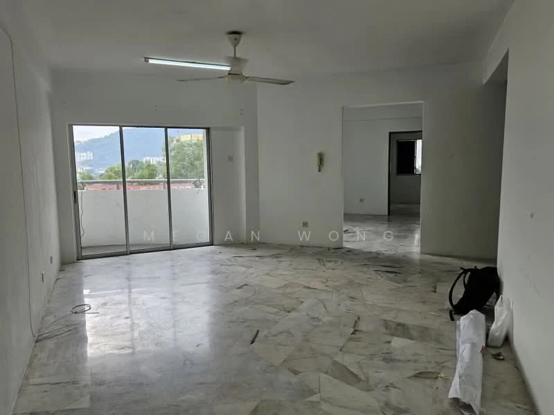 Living features: marble flooring, white painted walls, 5-blade ceiling fan, floor-to-ceiling sliding glass door, mountain view, natural light from sliding door, neutral color scheme, open layout; view: mountain.