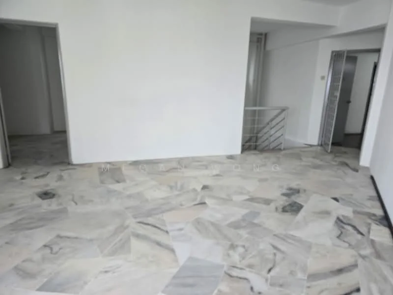 Room features: marble flooring, white painted walls, metal railing, open layout, large windows, neutral color scheme, high ceiling, no visible furniture; style: modern.