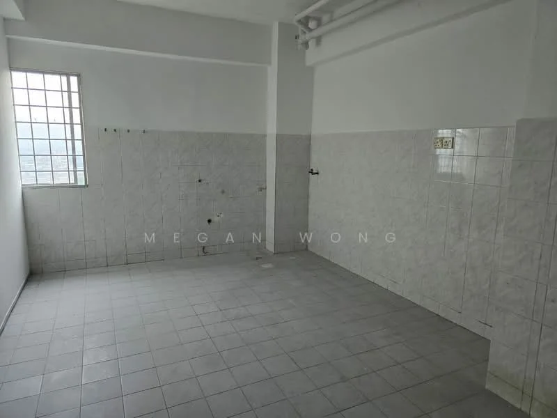 Room features: white tiled walls, grey tiled flooring, large window, exposed plumbing, no visible fixtures, empty space.