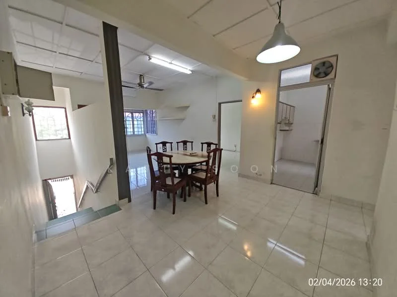 Dining features: dining table with four chairs, white painted walls, glossy ceramic tile flooring, ceiling fan, recessed lighting, large window with natural light, open layout to living area, staircase visible in background; style: modern. Living features: white painted walls, glossy ceramic tile flooring, large window with natural light, ceiling fan, recessed lighting, open layout to dining area; style: modern.
