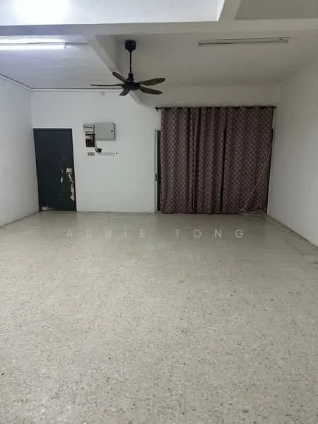Room features: white painted walls, polished concrete flooring, ceiling fan, curtains with geometric pattern, wall-mounted electrical panel, door with dark finish, light ceiling, no visible furniture; style: minimalist.