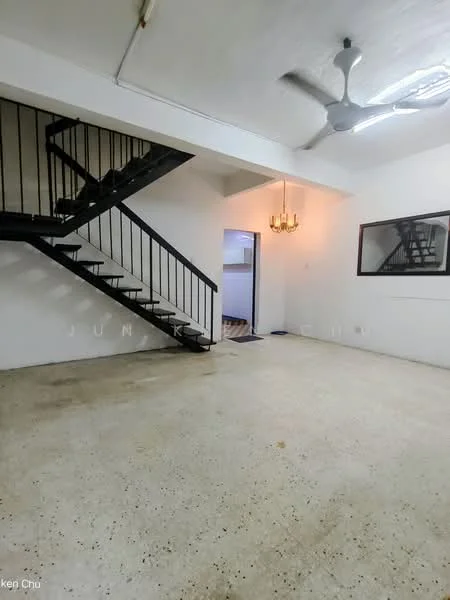 Living features: exposed concrete flooring, white painted walls, ceiling fan, chandelier, staircase with black metal railing, large mirror on wall, doorway leading to another room; style: minimalist.