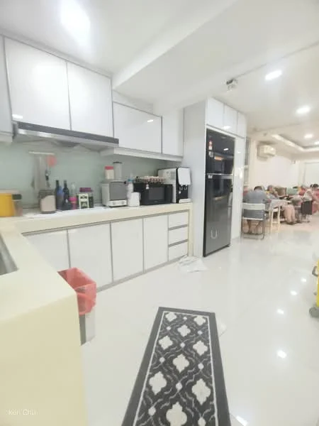 Kitchen features: white cabinetry with flat-panel doors, stainless-steel refrigerator, built-in oven, ceramic cooktop, single-bowl stainless-steel sink, chrome pull-down faucet, white quartz countertop, tile backsplash, recessed LED downlights, open shelving, kitchen island with seating, vinyl plank flooring, wall-mounted air conditioning unit; style: modern.