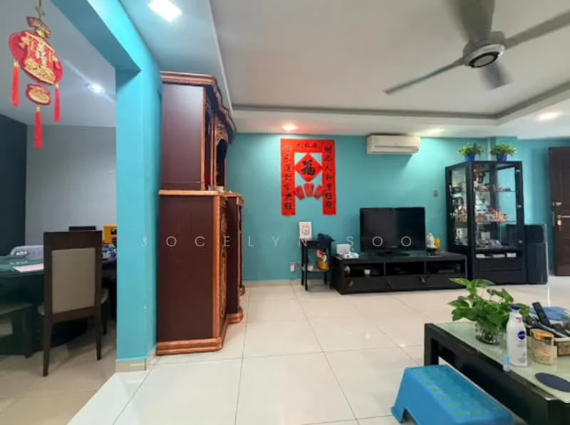 Living features: turquoise painted walls, white tiled flooring, ceiling fan, wall-mounted TV, black TV console, glass display cabinet, decorative wall art, potted plants, sofa, coffee table; style: modern. Dining features: dining table with chairs, open layout to living area; style: modern.