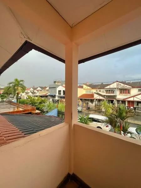 Room features: balcony with railing, terracotta tiled flooring, painted walls in light color, roof overhang, view of street, view of neighboring houses, potted plants visible, outdoor space; view: street.