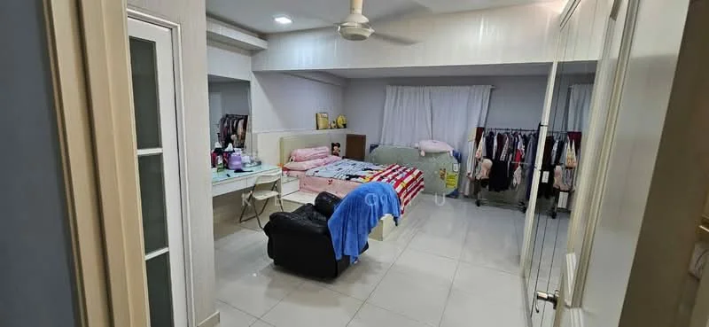 Bedroom features: queen-size bed with patterned bedding, upholstered headboard, built-in wardrobe, dressing table with mirror, 3-seater fabric sofa in black, ceiling fan, white painted walls, tile flooring, curtains, clothes rack with hanging clothes; style: modern.