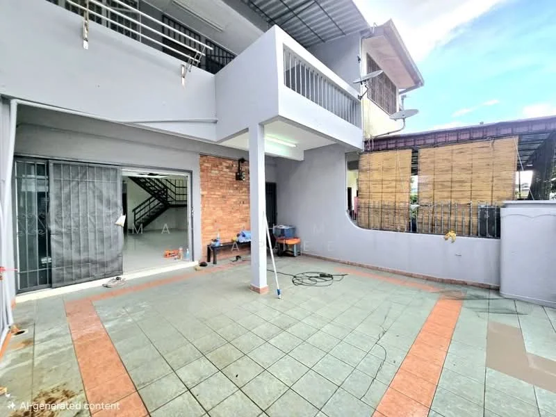 Exterior type: linked terrace house; features: paved outdoor area, grey painted walls, brick accent wall, covered balcony, metal railing, sliding glass door, staircase visible, outdoor lighting, fenced perimeter, bamboo screening; style: modern.