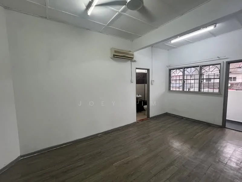 Room features: white painted walls, vinyl plank flooring, ceiling fan, wall-mounted air conditioning unit, large window with metal grille, doorway leading to another room; style: modern.