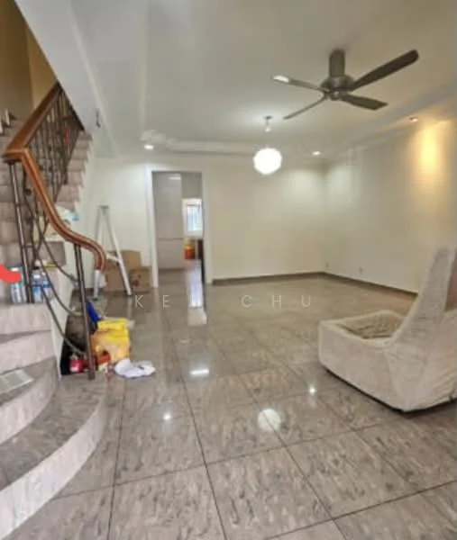 Living features: marble tile flooring, white painted walls, 5-blade ceiling fan with light, recessed downlights, large window for natural light, staircase leading to upper floor, decorative light fixture, open layout, neutral color scheme, space for furniture arrangement; style: modern.