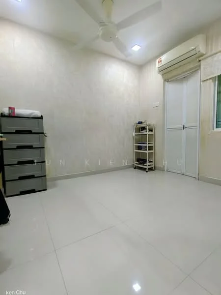 Room features: white painted walls, polished ceramic tile flooring, ceiling fan, wall-mounted split AC, sliding door, window with sheer curtains, storage cabinet, open shelving unit; style: modern.