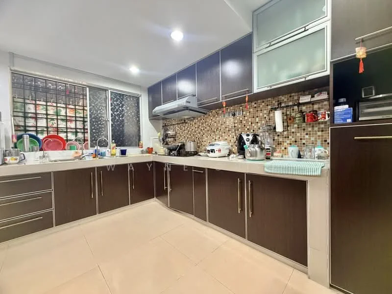Kitchen features: dark wood cabinetry, white countertop, mosaic tile backsplash, stainless-steel sink, chrome pull-down faucet, built-in oven, freestanding range oven, microwave, coffee machine, toaster, kettle, dishwasher, open shelving, under-cabinet lighting, tile flooring; style: modern.