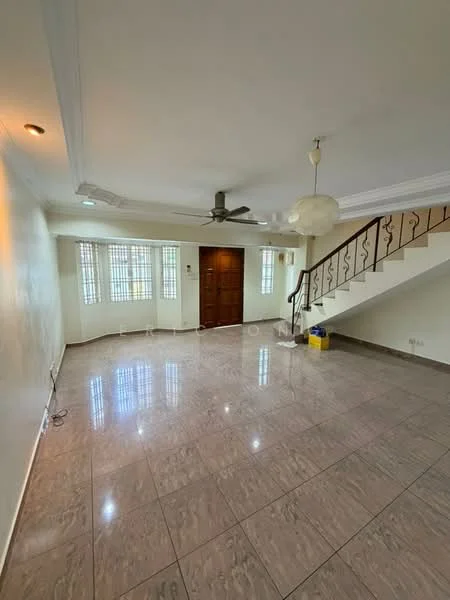 Living features: white painted walls, glossy marble tile flooring, 5-blade ceiling fan with light, recessed downlights, large windows with grilles, wooden front door, staircase with wrought iron railing, air conditioning unit; style: modern.